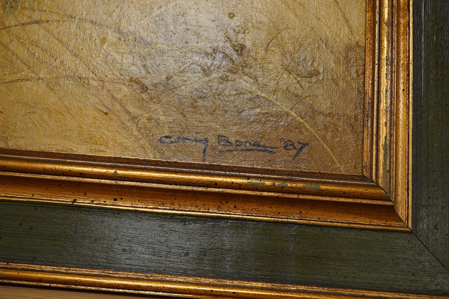 Craig Bone (b.1955), Study of a rhino and bird, signed and dated '87, oil on canvas board, 38 x 70cm